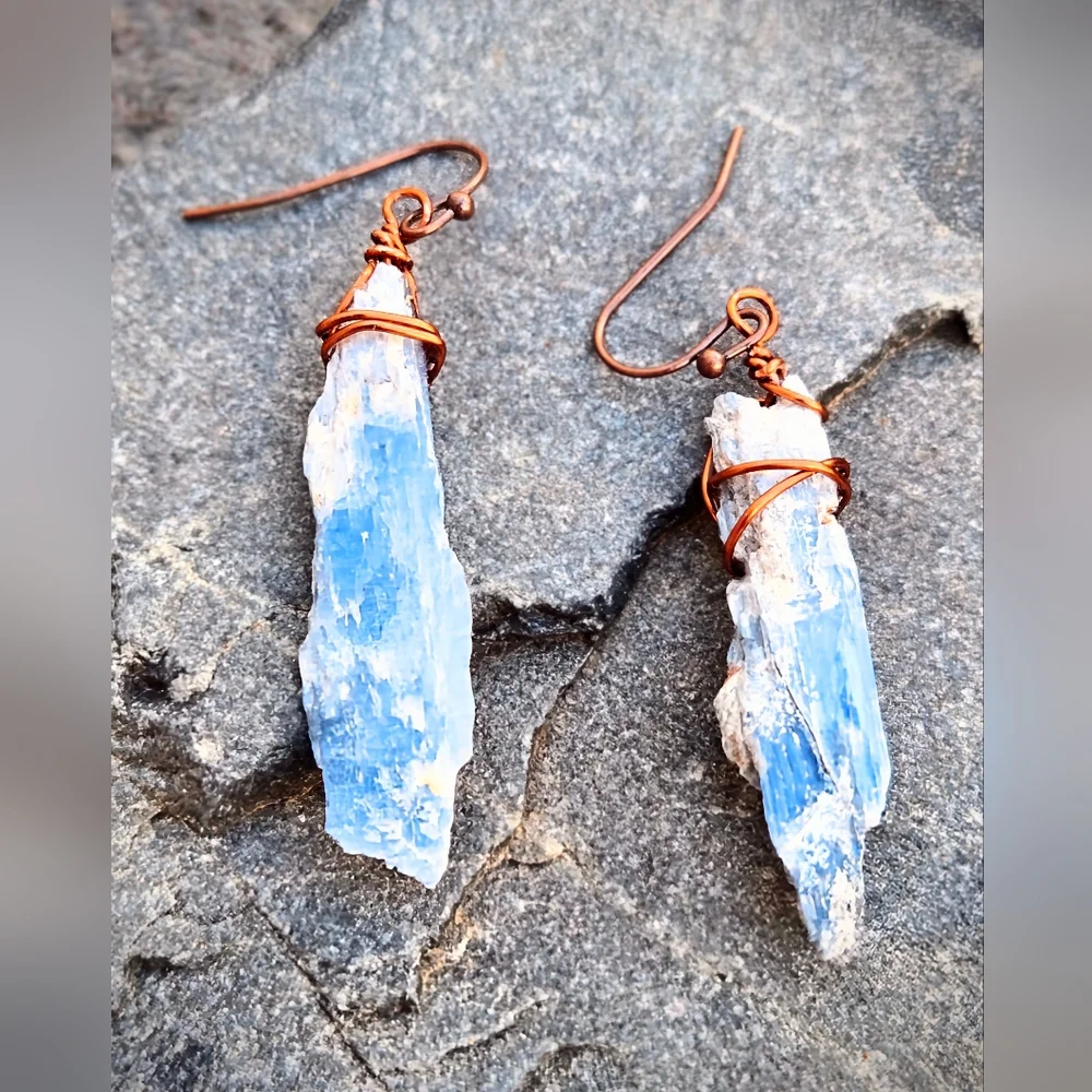Natural Raw Blue Kyanite Blades Wrapped In Copper In Neolithic Style Earrings
